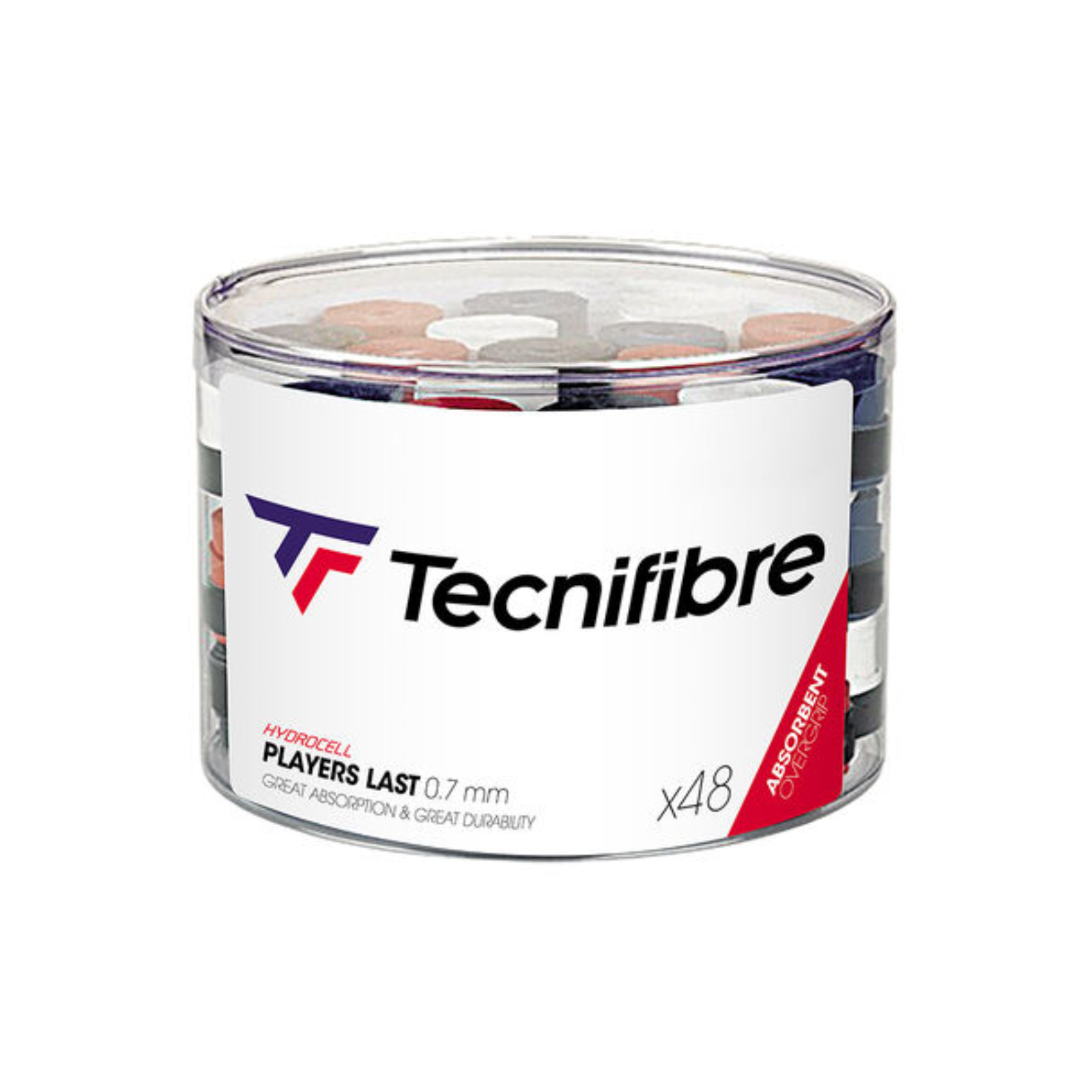 Tecnifibre Over Grip Players Last Tub X 48 Pieces 0.7Mm - Black/Red/White/Blue