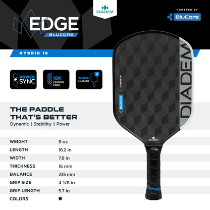 Diadem Pickleball Paddle Edge Blucore 16mm Hybrid Shape - Black