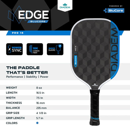 Diadem Pickleball Paddle Edge Blucore 16mm Pro Shape - Blue